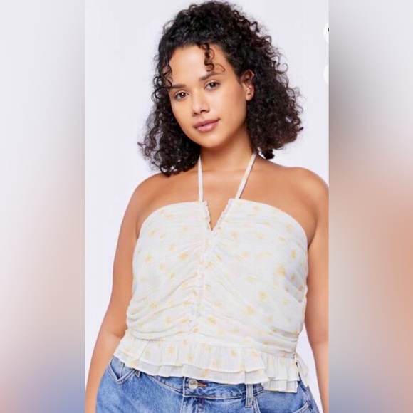 Forever 21 Plus Yellow Polka Dot Print Metallic Ruffled Halter Top Size 0X - Picture 8 of 14